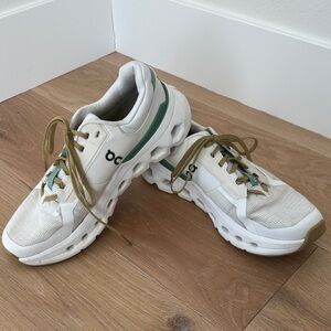 On Running White Sneakers with Green and Tan Accents 9.5W